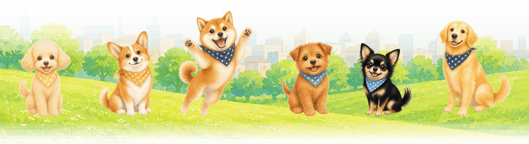 草原に並ぶトイプードル・コーギー・柴犬・ノーフォークテリア・チワワ・ゴールデンレトリバーのイラスト