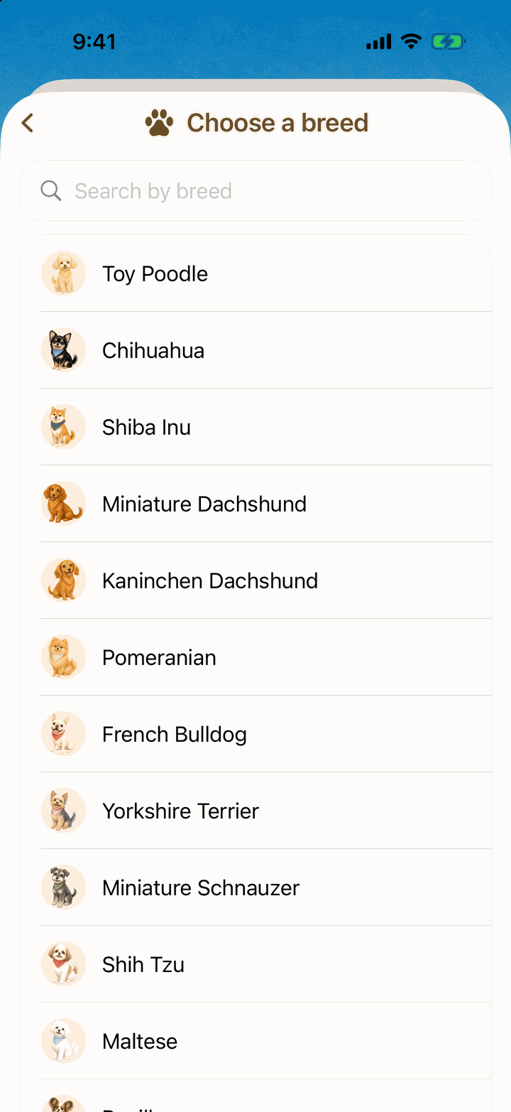 Breed picker listing Toy Poodle, Chihuahua, Shiba Inu and more, each with a mascot illustration