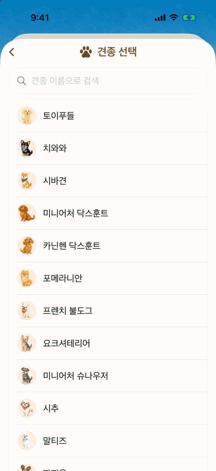 견종 선택 화면. 토이 푸들, 치와와, 시바견 등이 마스코트 그림과 함께 나란히 보여요