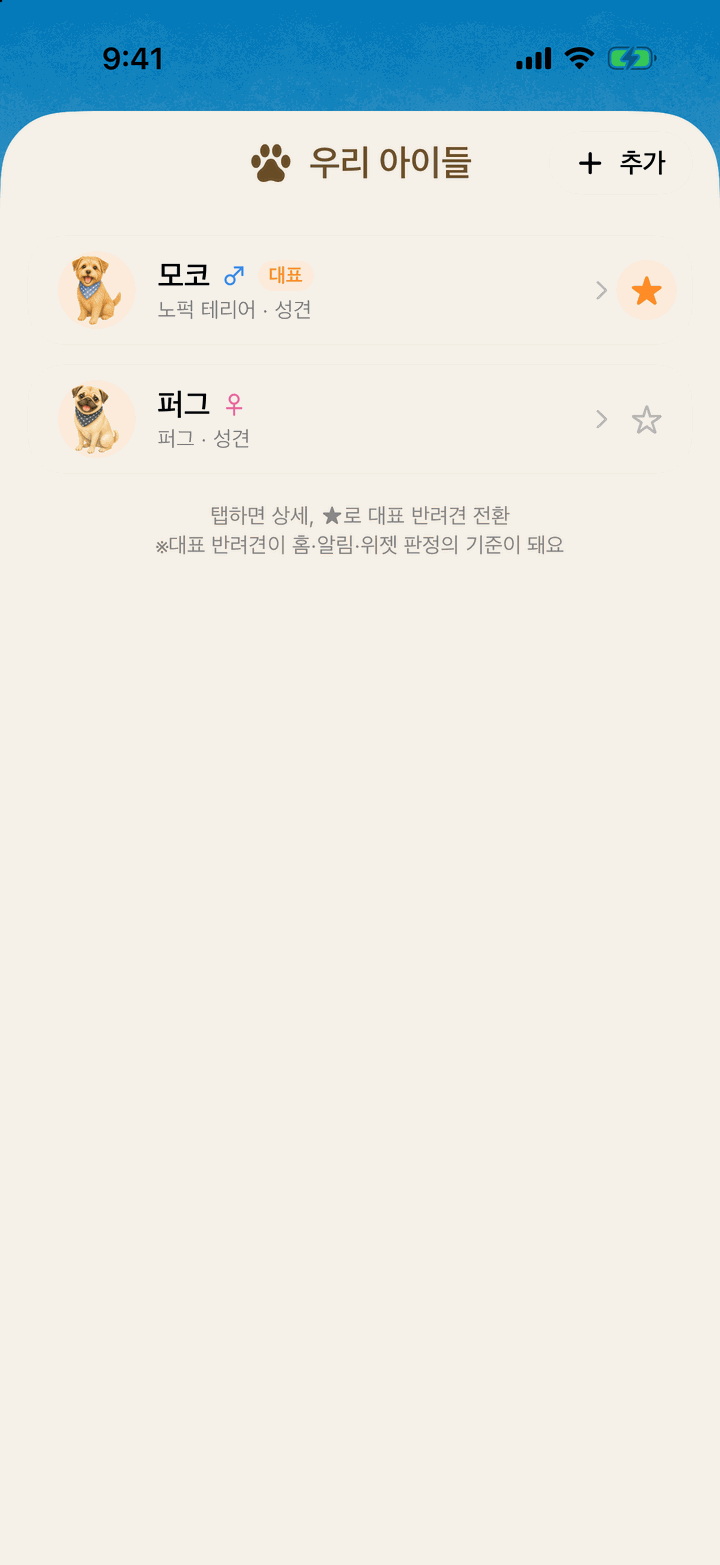 우리 아이들 목록. 대표 강아지 모코(노퍽 테리어)와 퍼그가 등록되어 있어요