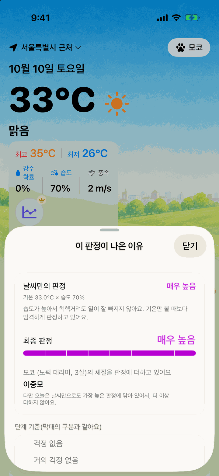 “이 판정이 나온 이유” 화면. 날씨만의 판정과 강아지의 체질을 더한 최종 판정을 단계 막대로 보여 줘요
