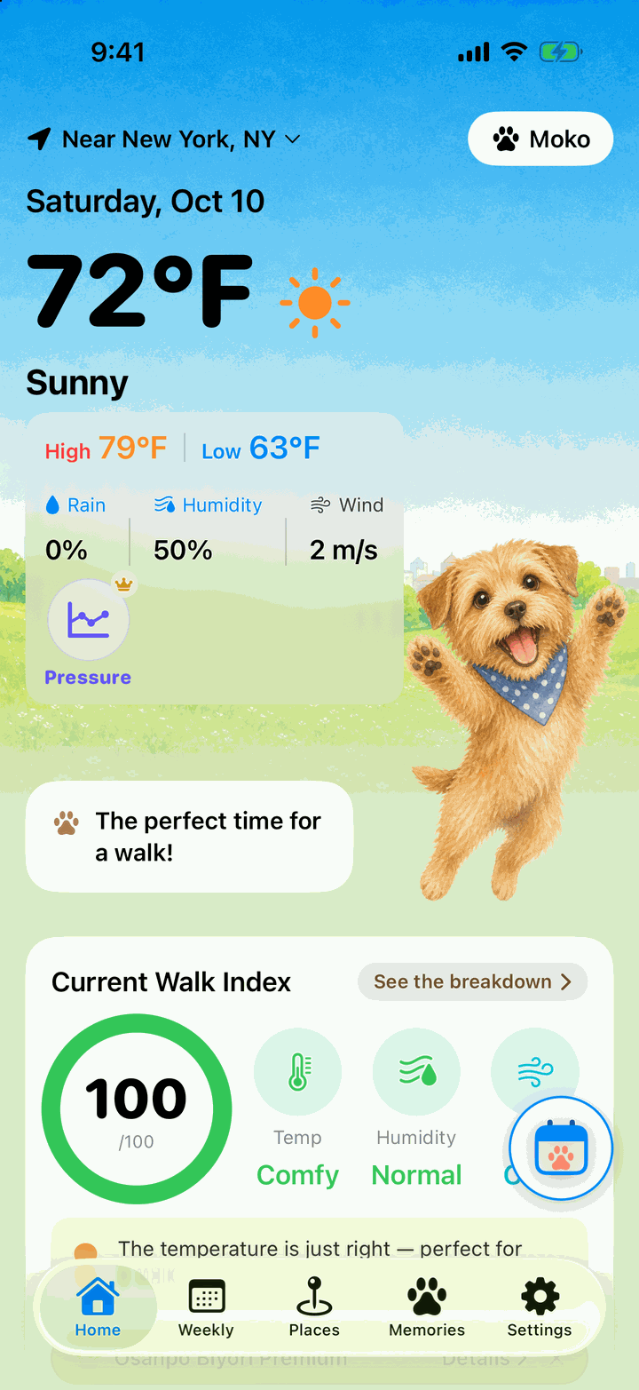 Home screen showing a Walk Index of 100 and the mascot saying “The perfect time for a walk!”