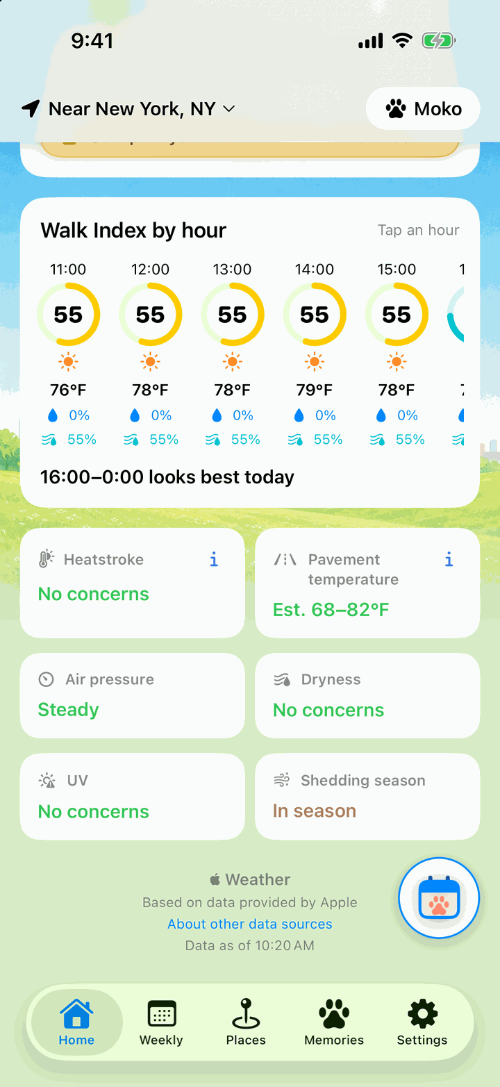 Walk Index by hour from 11:00 to 15:00, with cards for heatstroke, pavement temperature, air pressure, dryness, UV and shedding season below