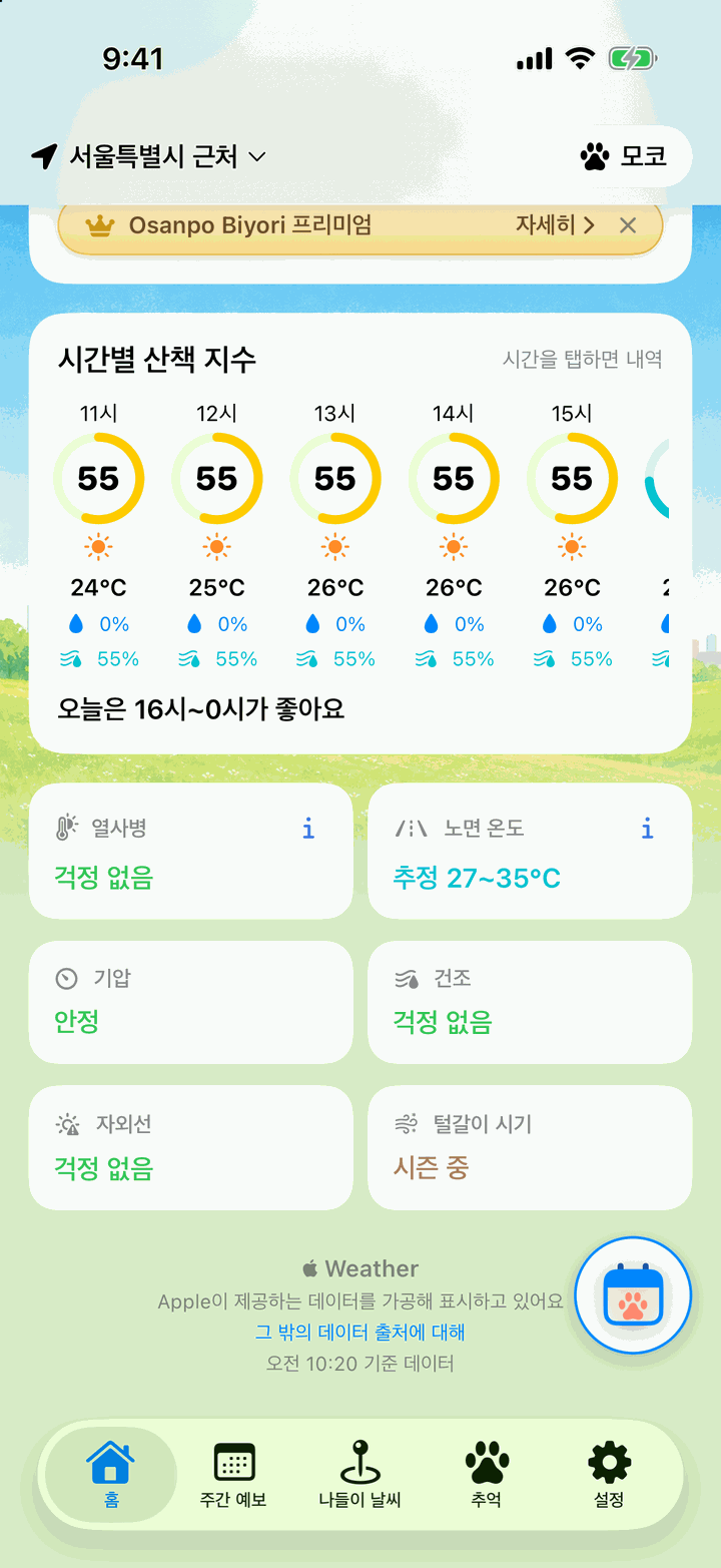 시간별 산책 지수. 11시부터 15시까지의 지수 아래에 열사병·노면 온도·기압·건조·자외선·털갈이 지표 카드가 이어져요