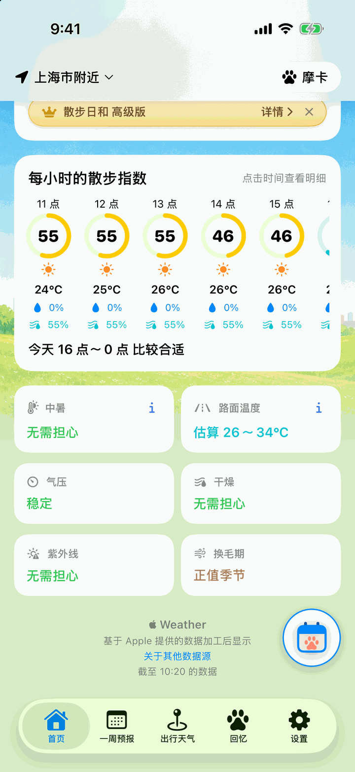 每小时的散步指数，从 11 点到 15 点，下方是中暑、路面温度、气压、干燥、紫外线、换毛期的指标卡片