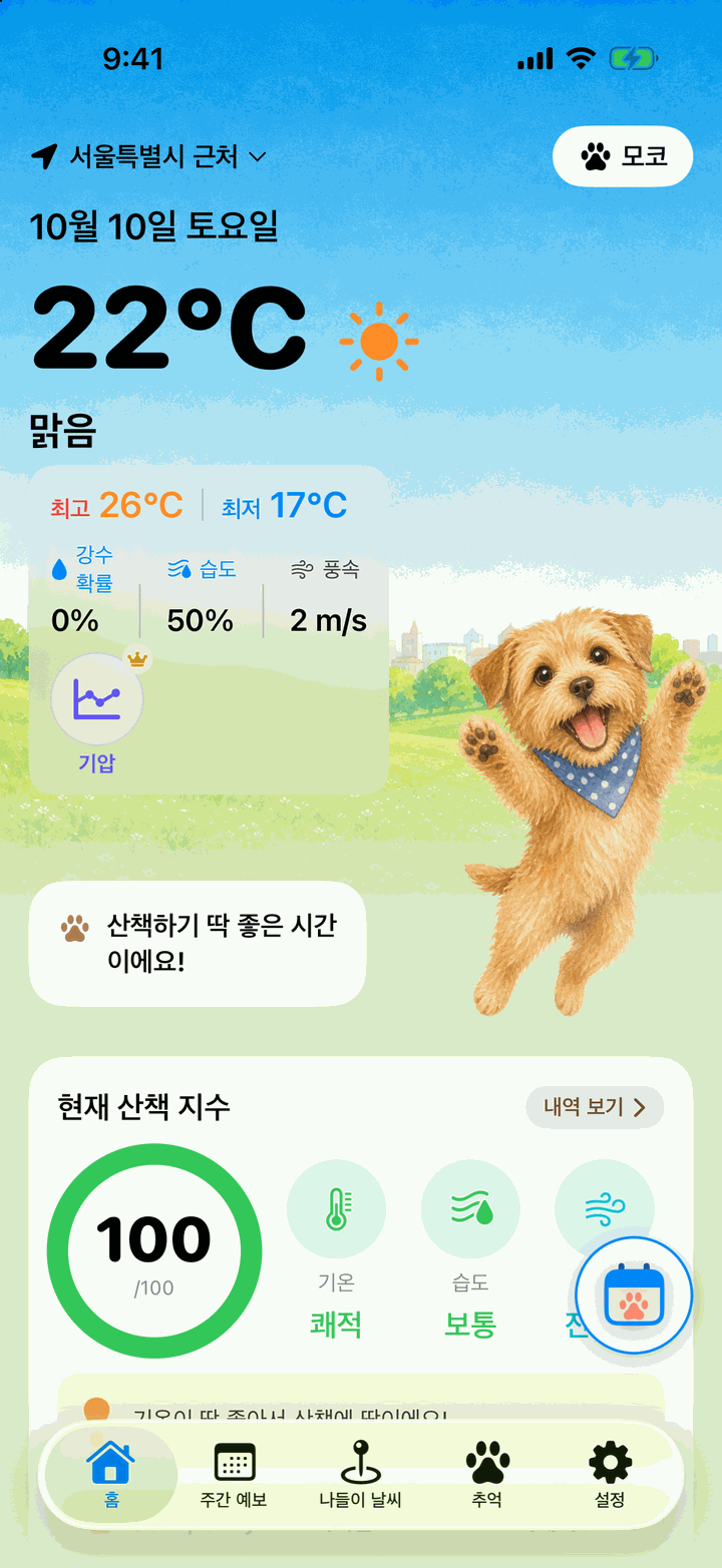 홈 화면. 산책 지수 100점과 마스코트의 말풍선이 보여요