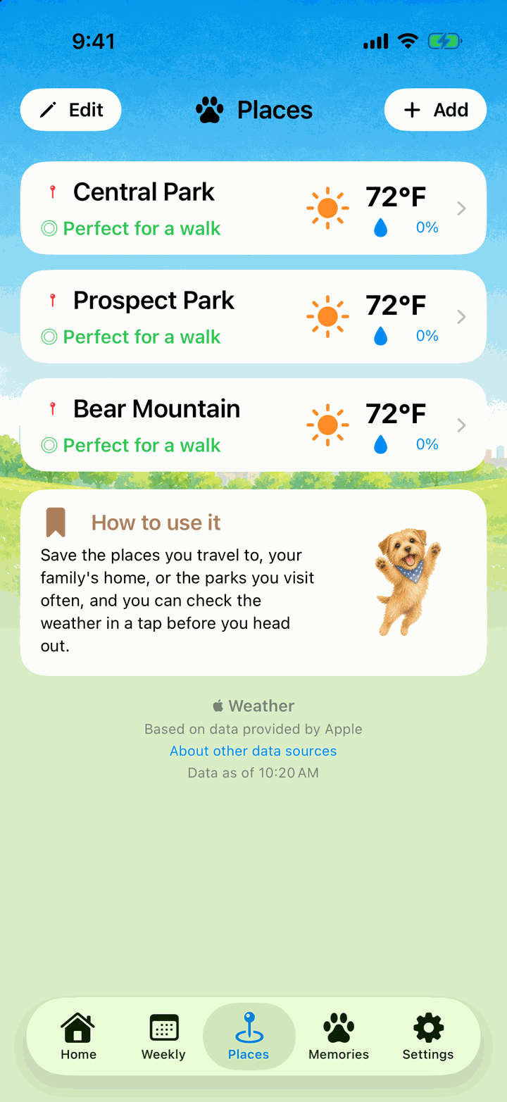 Places screen listing Central Park, Prospect Park and Bear Mountain with their weather and Walk Index