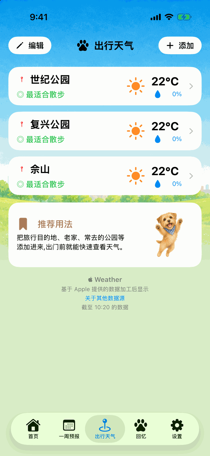 出行天气页面。列出世纪公园、复兴公园、佘山三个地点的天气和散步指数