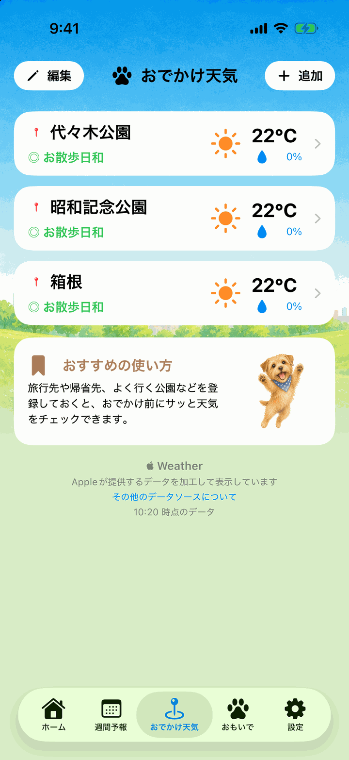 おでかけ天気。代々木公園・昭和記念公園・箱根の3地点の天気とお散歩指数